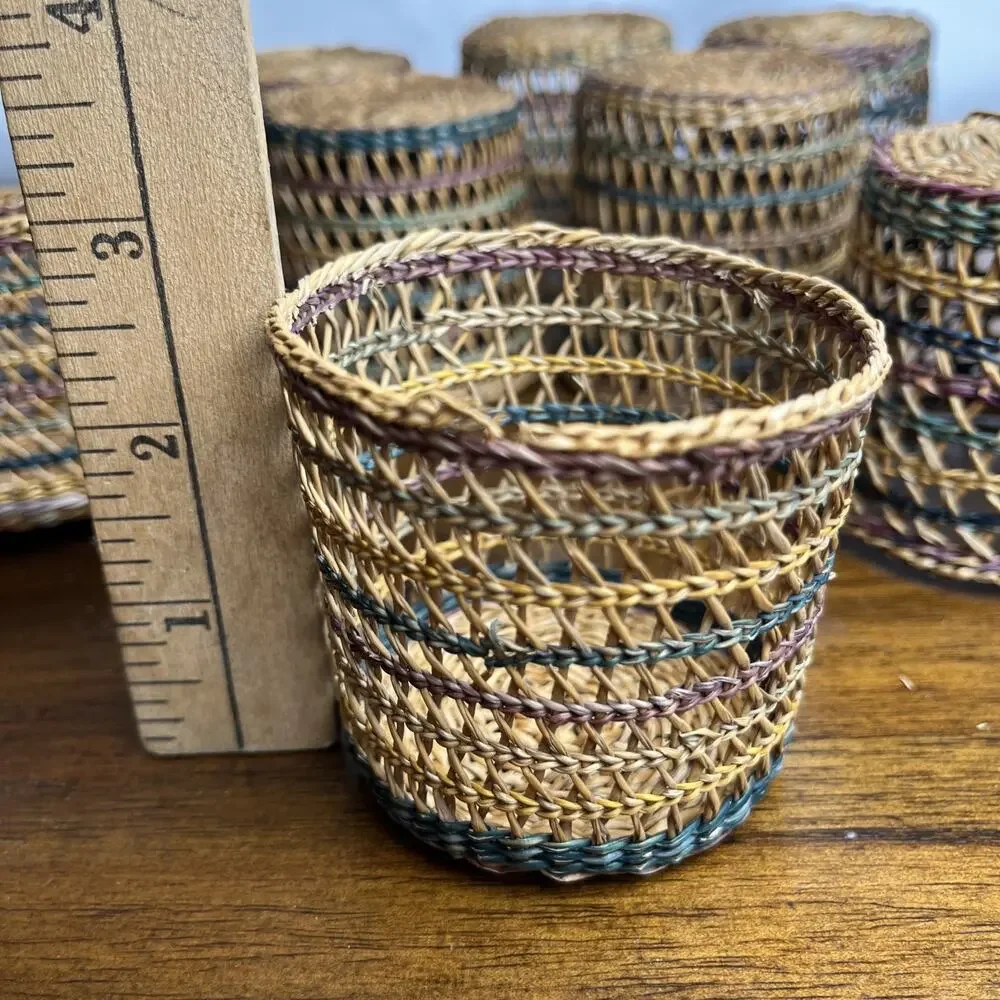 Vintage Woven Wicker Rattan Baskets Cup Glass Holder Boho Multicolor Set of 8
